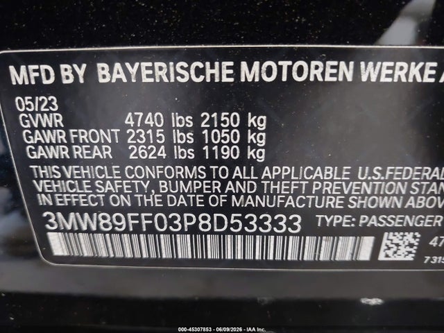 45307853 :رقم المزاد ، 3MW89FF03P8D53333 vin ، 2023 Bmw 330i Xdrive مزاد بيع