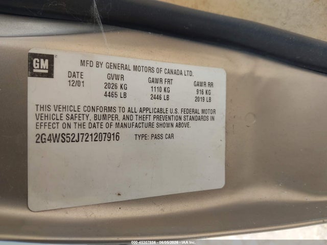 45307856 :رقم المزاد ، 2G4WS52J721207916 vin ، 2002 Buick Century Custom مزاد بيع