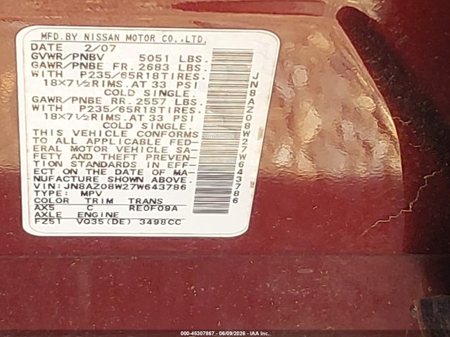 Aukcja sprzedaży 2007 Nissan Murano S, vin: JN8AZ08W27W643786, numer aukcji: 45307867
