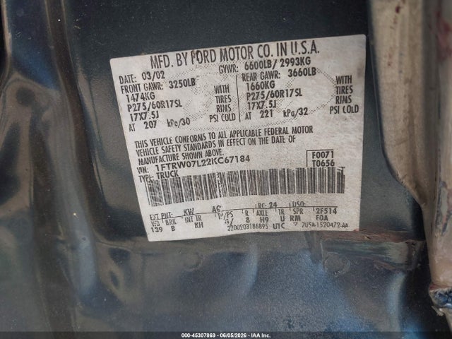 45307869 :رقم المزاد ، 1FTRW07L22KC67184 vin ، 2002 Ford F-150 Lariat/xlt مزاد بيع