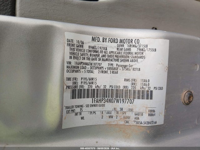 45307870 :رقم المزاد ، 1FAHP34N07W197707 vin ، 2007 Ford Focus S/se/ses مزاد بيع
