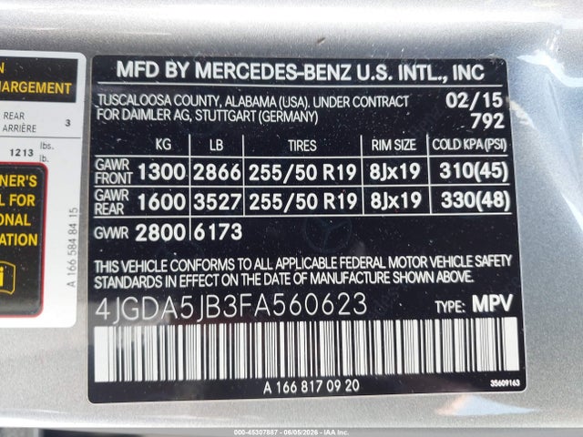 Продажа на аукционе авто 2015 Mercedes-benz Ml 350, vin: 4JGDA5JB3FA560623, номер лота: 45307887