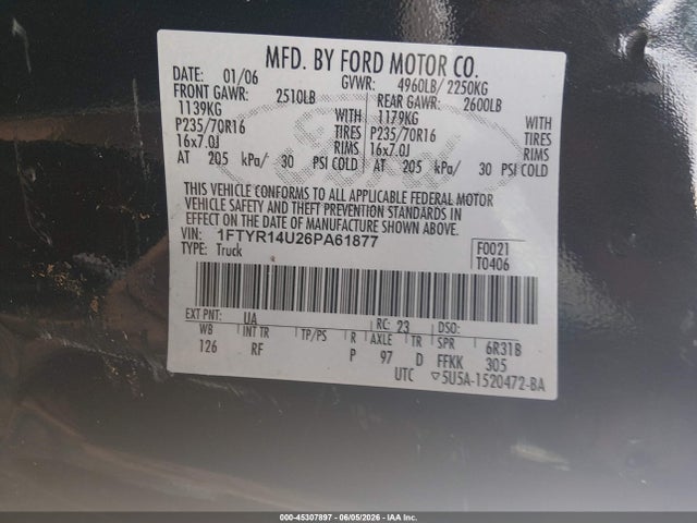 45307897 :رقم المزاد ، 1FTYR14U26PA61877 vin ، 2006 Ford Ranger Sport/stx/xl/xlt مزاد بيع