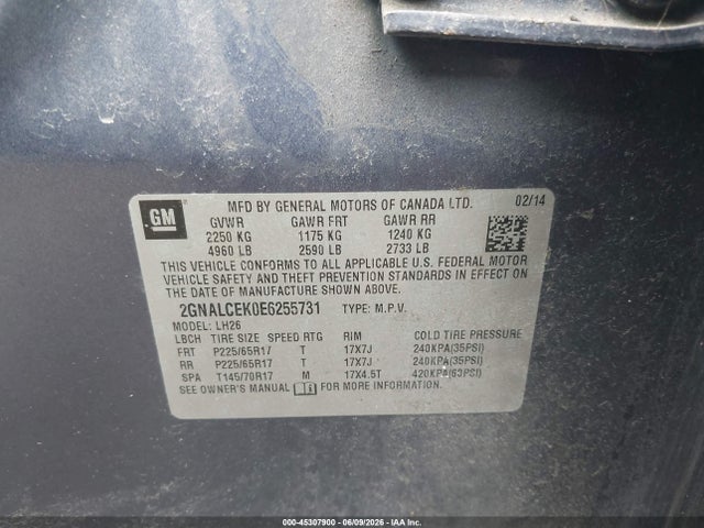Продаж на аукціоні авто 2014 Chevrolet Equinox 2lt, vin: 2GNALCEK0E6255731, номер лоту: 45307900
