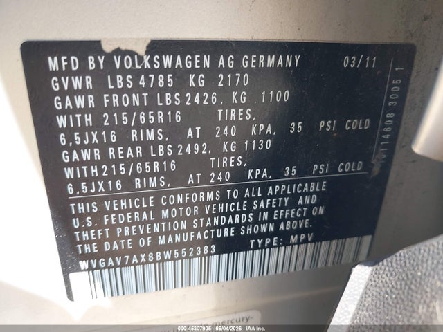 Продаж на аукціоні авто 2011 Volkswagen Tiguan S, vin: WVGAV7AX8BW552383, номер лоту: 45307905