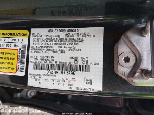45307923 :رقم المزاد ، 3FA6P0RU9FR157987 vin ، 2015 Ford Fusion Hybrid Titanium مزاد بيع