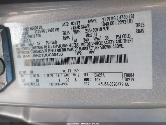 Продаж на аукціоні авто 2013 Ford Escape Sel, vin: 1FMCU9HX1DUC90430, номер лоту: 45307924