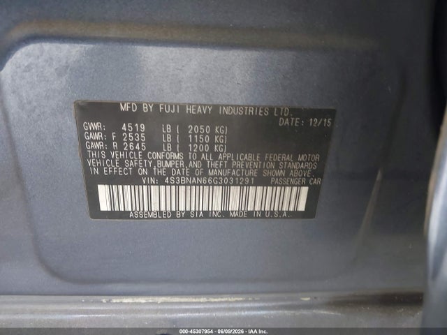 2016 Subaru Legacy 2.5i Limited მანქანა იყიდება აუქციონზე, vin: 4S3BNAN66G3031291, აუქციონის ნომერი: 45307954
