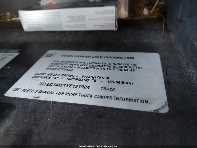45307961 :رقم المزاد ، 1GTEC14W1YE131924 vin ، 2000 Gmc Sierra 1500 Sl مزاد بيع