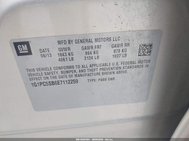 Aukcja sprzedaży 2014 Chevrolet Cruze 1lt Auto, vin: 1G1PC5SB6E7112259, numer aukcji: 45307981