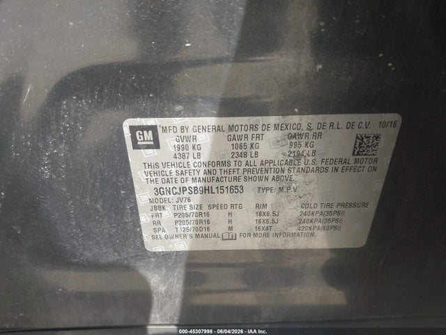45307998 :رقم المزاد ، 3GNCJPSB9HL151653 vin ، 2017 Chevrolet Trax Lt مزاد بيع