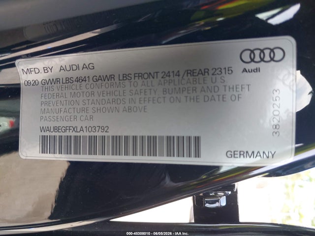 Продаж на аукціоні авто 2020 Audi A3 Premium 45 Tfsi S Line Quattro S Tronic, vin: WAUBEGFFXLA103792, номер лоту: 45308010