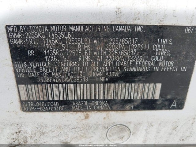 2010 Toyota Rav4 მანქანა იყიდება აუქციონზე, vin: 2T3BF4DV0AW059518, აუქციონის ნომერი: 45308015