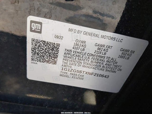Auction sale of the 2022 Chevrolet Malibu Fwd Rs, vin: 1G1ZG5STXNF210643, lot number: 45308026