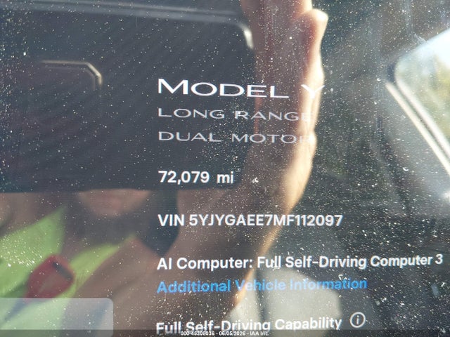 45308036 :رقم المزاد ، 5YJYGAEE7MF112097 vin ، 2021 Tesla Model Y Long Range Dual Motor All-wheel Drive مزاد بيع
