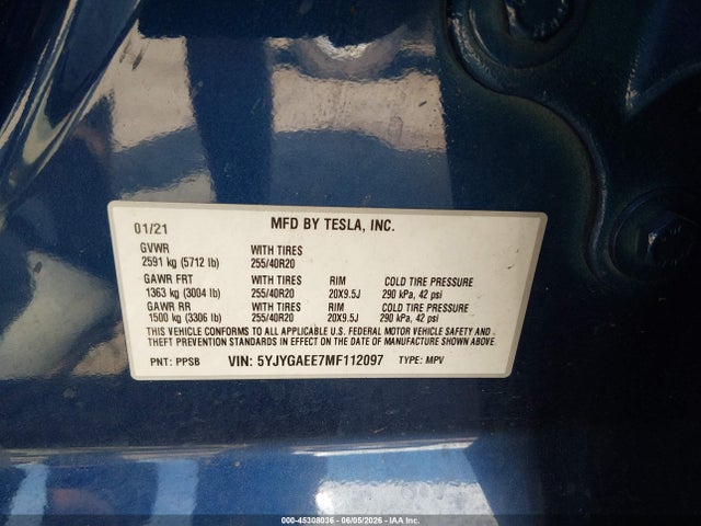 45308036 :رقم المزاد ، 5YJYGAEE7MF112097 vin ، 2021 Tesla Model Y Long Range Dual Motor All-wheel Drive مزاد بيع