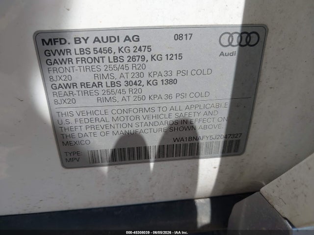 45308039 :رقم المزاد ، WA1BNAFY5J2047327 vin ، 2018 Audi Q5 2.0t Premium/2.0t Tech Premium مزاد بيع