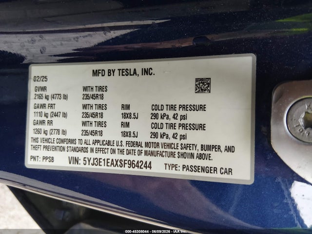 Tesla MODEL 3 2025 5YJ3E1EAXSF964244 Image 9