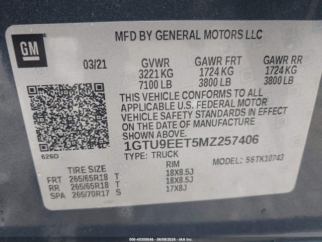 45308046 :رقم المزاد ، 1GTU9EET5MZ257406 vin ، 2021 Gmc Sierra 1500 4wd  Standard Box At4 مزاد بيع