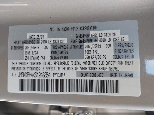 45308052 :رقم المزاد ، JM3KKBHAXS1248854 vin ، 2025 Mazda Cx-90 Phev Preferred Package مزاد بيع