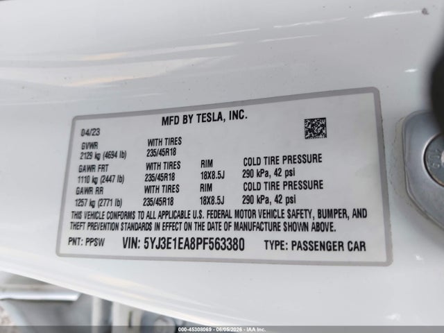 Продаж на аукціоні авто 2023 Tesla Model 3 Rear-wheel Drive, vin: 5YJ3E1EA8PF563380, номер лоту: 45308069