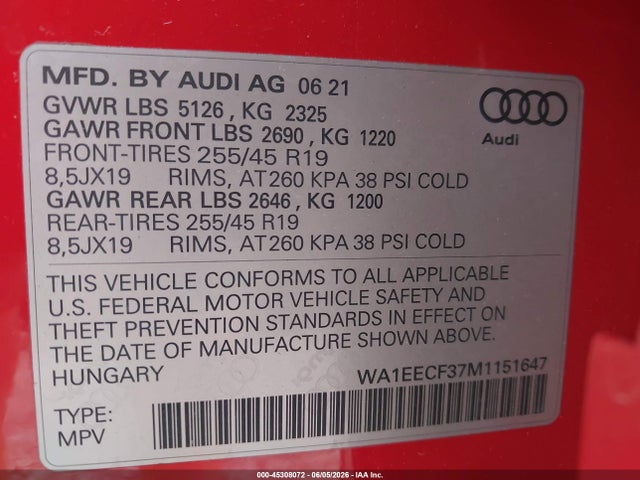 Продажа на аукционе авто 2021 Audi Q3 Premium Plus 45 Tfsi S Line Quattro Tiptronic, vin: WA1EECF37M1151647, номер лота: 45308072