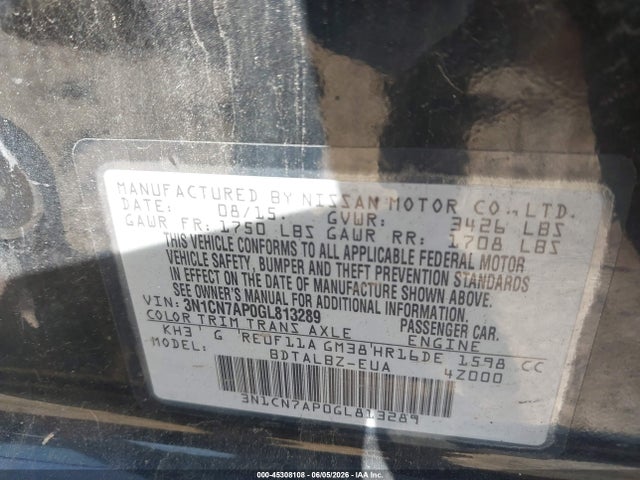 Aukcja sprzedaży 2016 Nissan Versa 1.6 S/1.6 S+/1.6 Sl/1.6 Sv, vin: 3N1CN7AP0GL813289, numer aukcji: 45308108