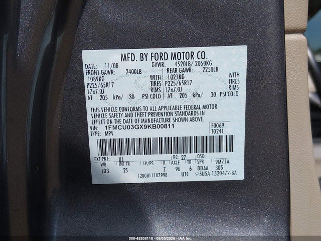 Aukcja sprzedaży 2009 Ford Escape Xlt, vin: 1FMCU03GX9KB00811, numer aukcji: 45308118