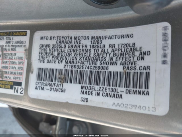 45308130 :رقم المزاد ، 2T1BR32E74C259086 vin ، 2004 Toyota Corolla Le مزاد بيع