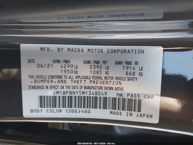 Aukcja sprzedaży 2021 Mazda Mazda3, vin: JM1BPBNY5M1348049, numer aukcji: 45308155