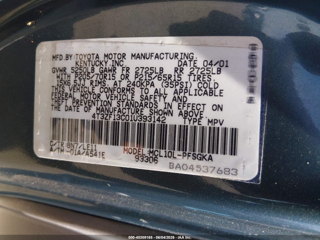 Продажа на аукционе авто 2001 Toyota Sienna Xle, vin: 4T3ZF13C01U393142, номер лота: 45308165