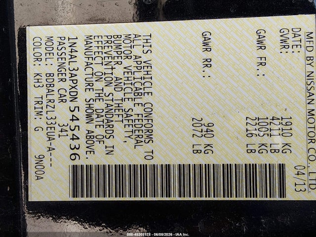 2013 Nissan Altima 2.5 S მანქანა იყიდება აუქციონზე, vin: 1N4AL3APXDN545436, აუქციონის ნომერი: 45308178