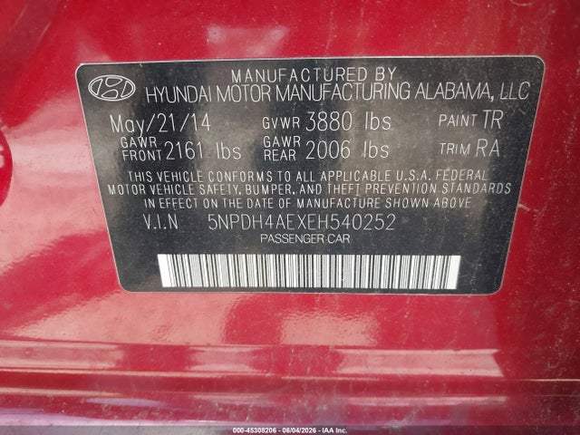 45308206 :رقم المزاد ، 5NPDH4AEXEH540252 vin ، 2014 Hyundai Elantra Se مزاد بيع