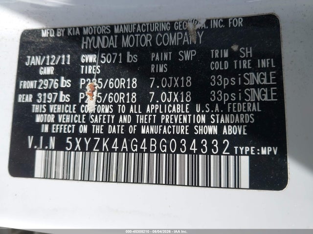 Aukcja sprzedaży 2011 Hyundai Santa Fe Limited V6, vin: 5XYZK4AG4BG034332, numer aukcji: 45308210