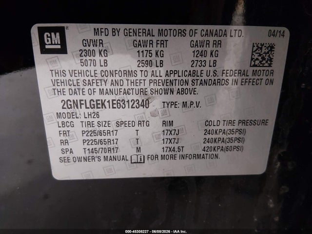 2014 Chevrolet Equinox Lt მანქანა იყიდება აუქციონზე, vin: 2GNFLGEK1E6312340, აუქციონის ნომერი: 45308227