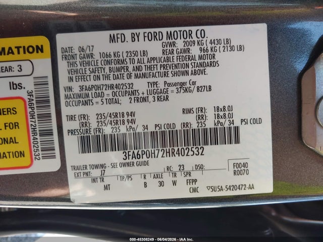 45308249 :رقم المزاد ، 3FA6P0H72HR402532 vin ، 2017 Ford Fusion Se مزاد بيع