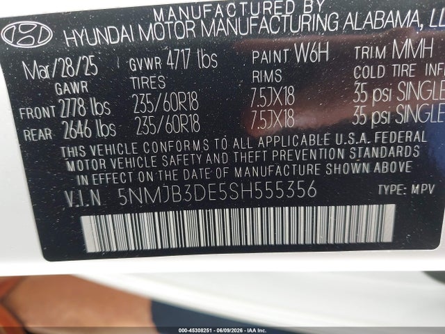 2025 Hyundai Tucson Sel მანქანა იყიდება აუქციონზე, vin: 5NMJB3DE5SH555356, აუქციონის ნომერი: 45308251