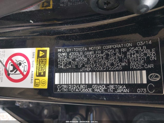 45308286 :رقم المزاد ، JTHBK1GG0E2122265 vin ، 2014 Lexus Es 350 مزاد بيع