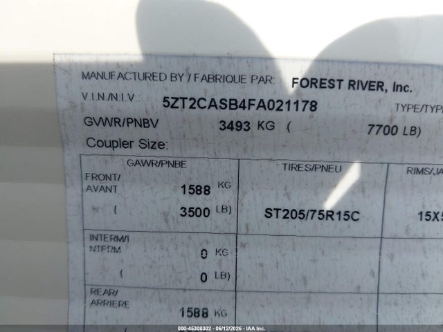 2015 Forest River Catalina მანქანა იყიდება აუქციონზე, vin: 5ZT2CASB4FA021178, აუქციონის ნომერი: 45308302