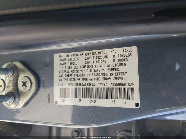2007 Honda Accord 2.4 Ex მანქანა იყიდება აუქციონზე, vin: 1HGCM56867A083824, აუქციონის ნომერი: 45308313