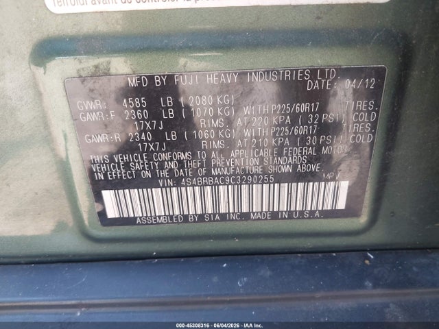 Продаж на аукціоні авто 2012 Subaru Outback 2.5i, vin: 4S4BRBAC9C3290255, номер лоту: 45308316