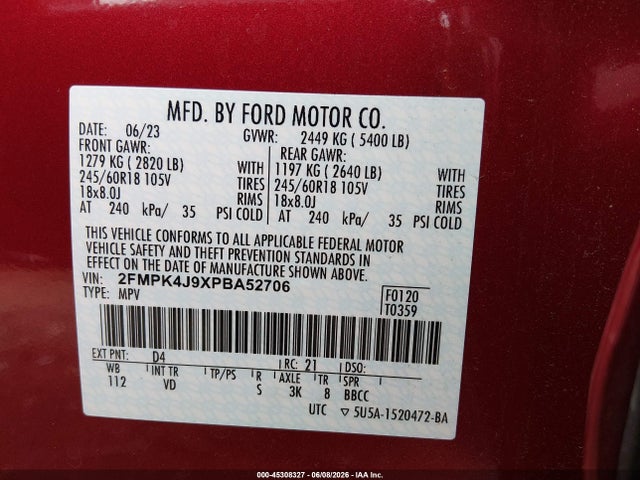 45308327 :رقم المزاد ، 2FMPK4J9XPBA52706 vin ، 2023 Ford Edge Sel مزاد بيع