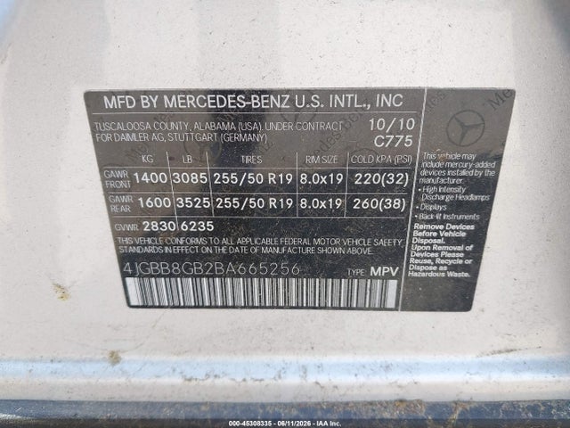 Aukcja sprzedaży 2011 Mercedes-benz Ml 350 4matic, vin: 4JGBB8GB2BA665256, numer aukcji: 45308335
