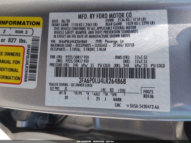 Aukcja sprzedaży 2020 Ford Fusion Hybrid Se, vin: 3FA6P0LU4LR264868, numer aukcji: 45308350