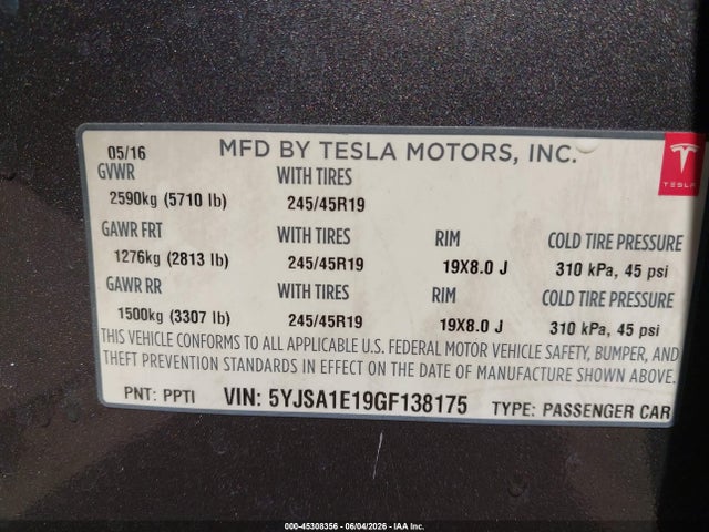 Tesla Model S 60/70/75/85 2016 5YJSA1E19GF138175 Image 9