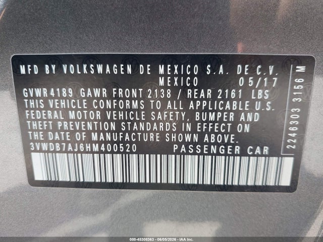 2017 Volkswagen Jetta 1.4t Se მანქანა იყიდება აუქციონზე, vin: 3VWDB7AJ6HM400520, აუქციონის ნომერი: 45308363