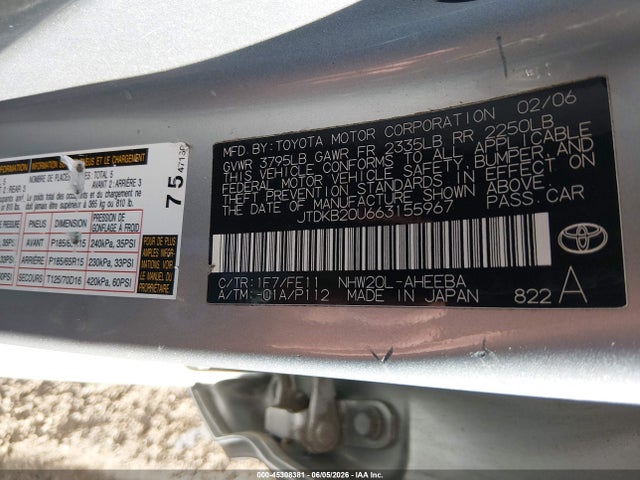 45308381 :رقم المزاد ، JTDKB20U663155967 vin ، 2006 Toyota Prius مزاد بيع
