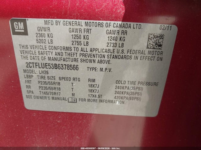 Aukcja sprzedaży 2011 Gmc Terrain Slt-1, vin: 2CTFLUE53B6378566, numer aukcji: 45308397