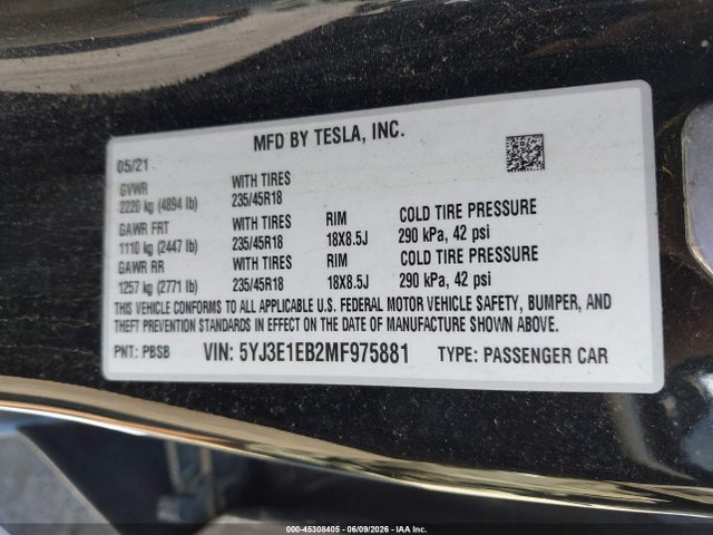 Tesla Model 3 Long Range 2021 5YJ3E1EB2MF975881 Image 9