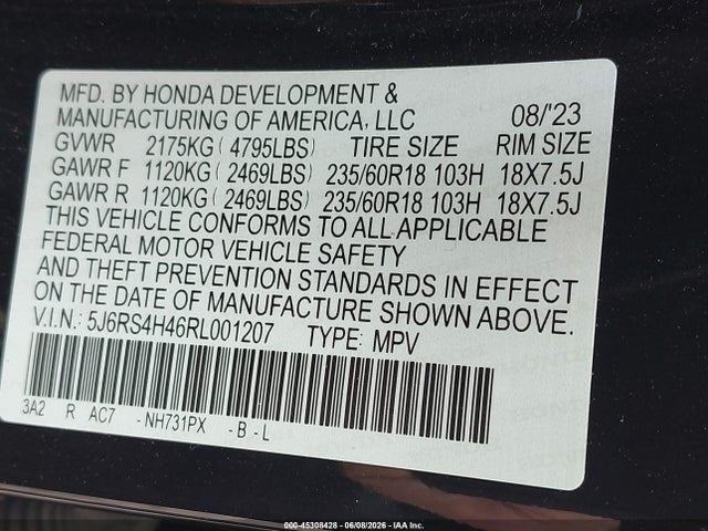 Продажа на аукционе авто 2024 Honda Cr-v Ex Awd, vin: 5J6RS4H46RL001207, номер лота: 45308428